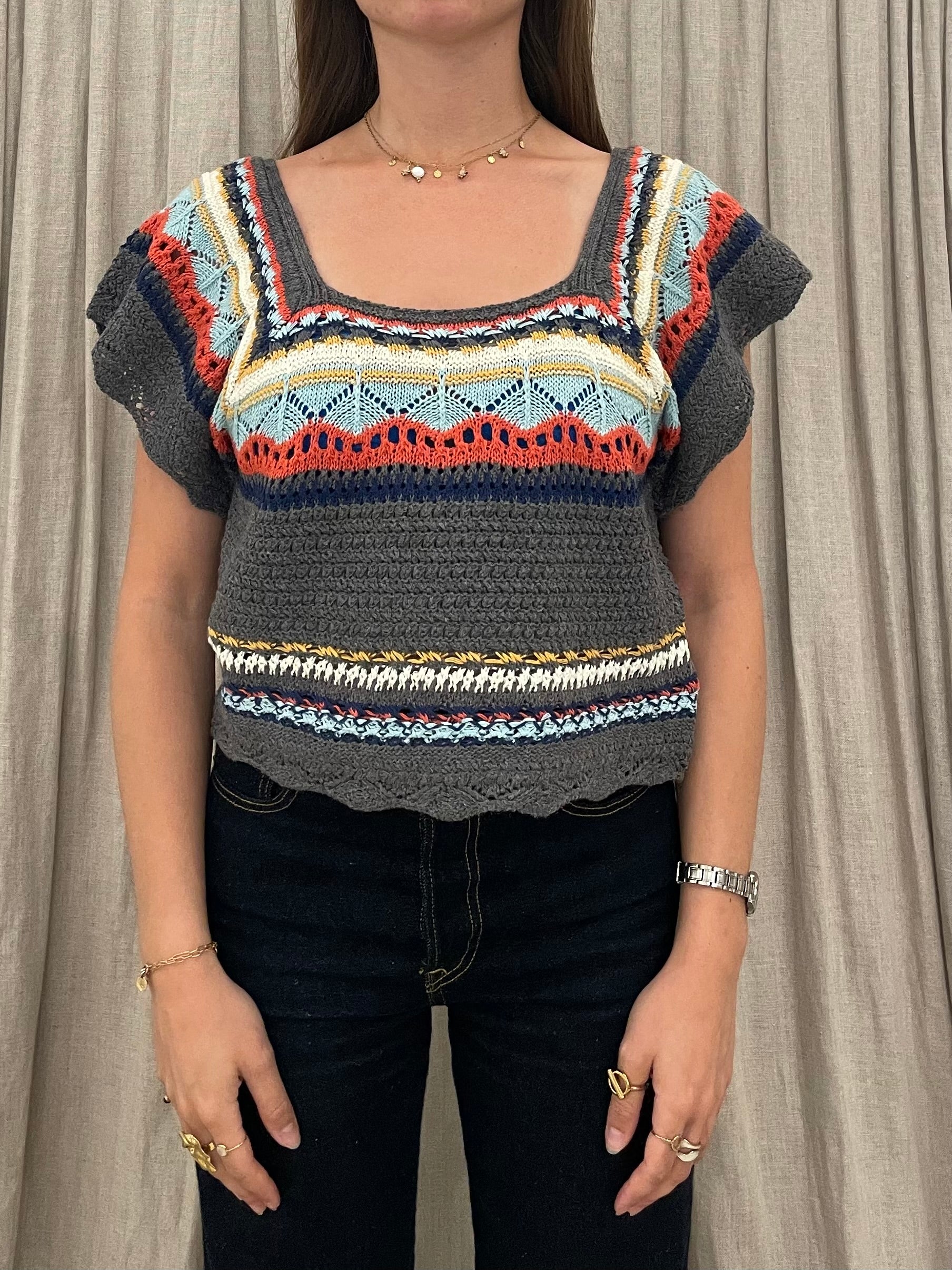 Crochet Lace Multicolor Pattern Top (8260682875088)