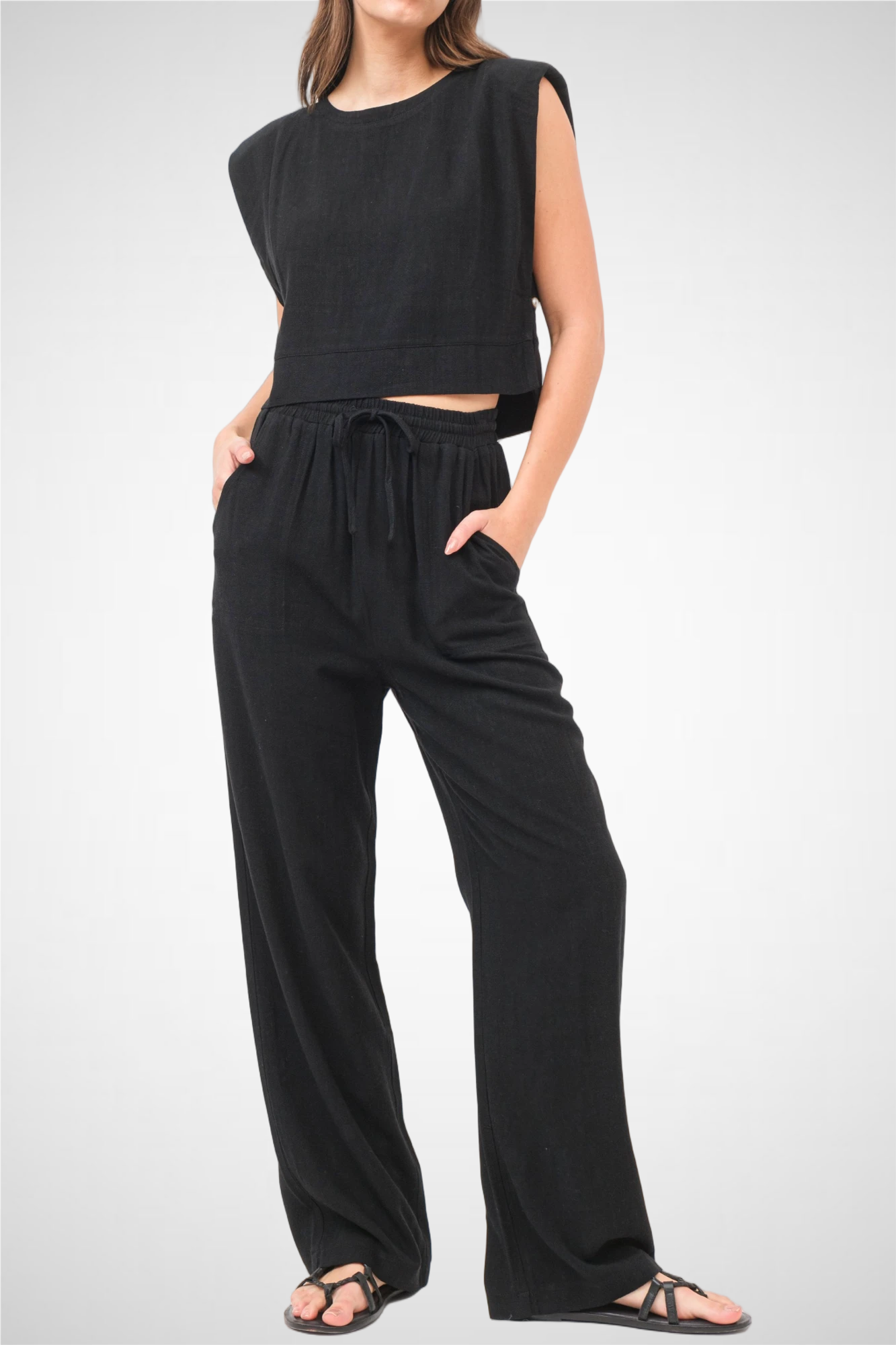 Power Shoulder Top And Pants Set (8260446781648) (8277317943504)