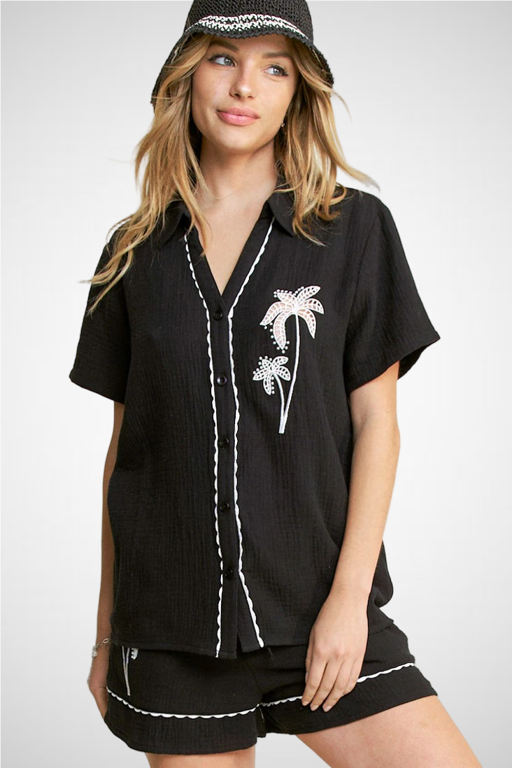 Palm Tree Embroidery S/S Button Down Shirt With Shorts S (8260446552272) (8271021375696)