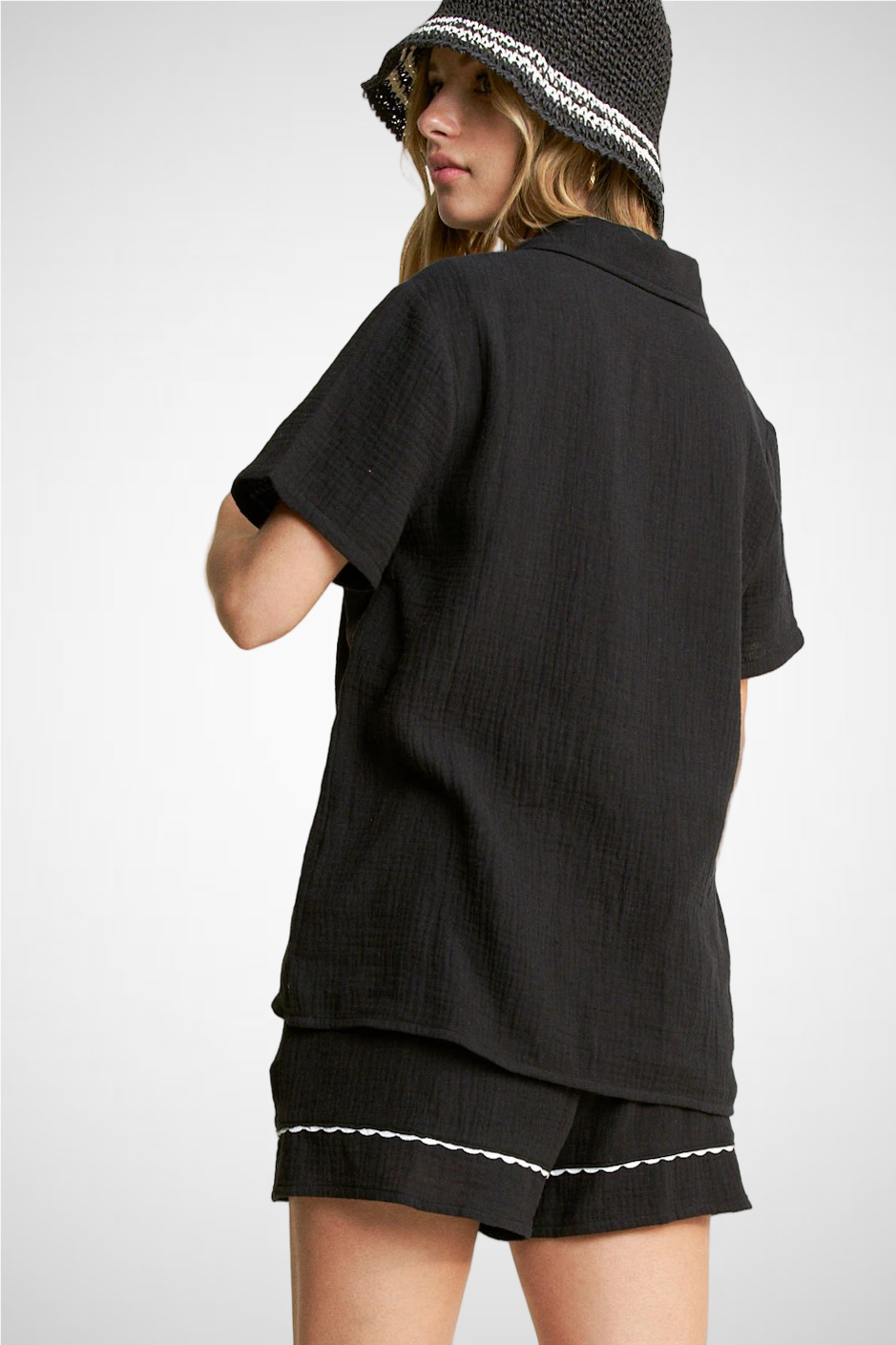 Palm Tree Embroidery S/S Button Down Shirt With Shorts S (8260446552272) (8271021375696)