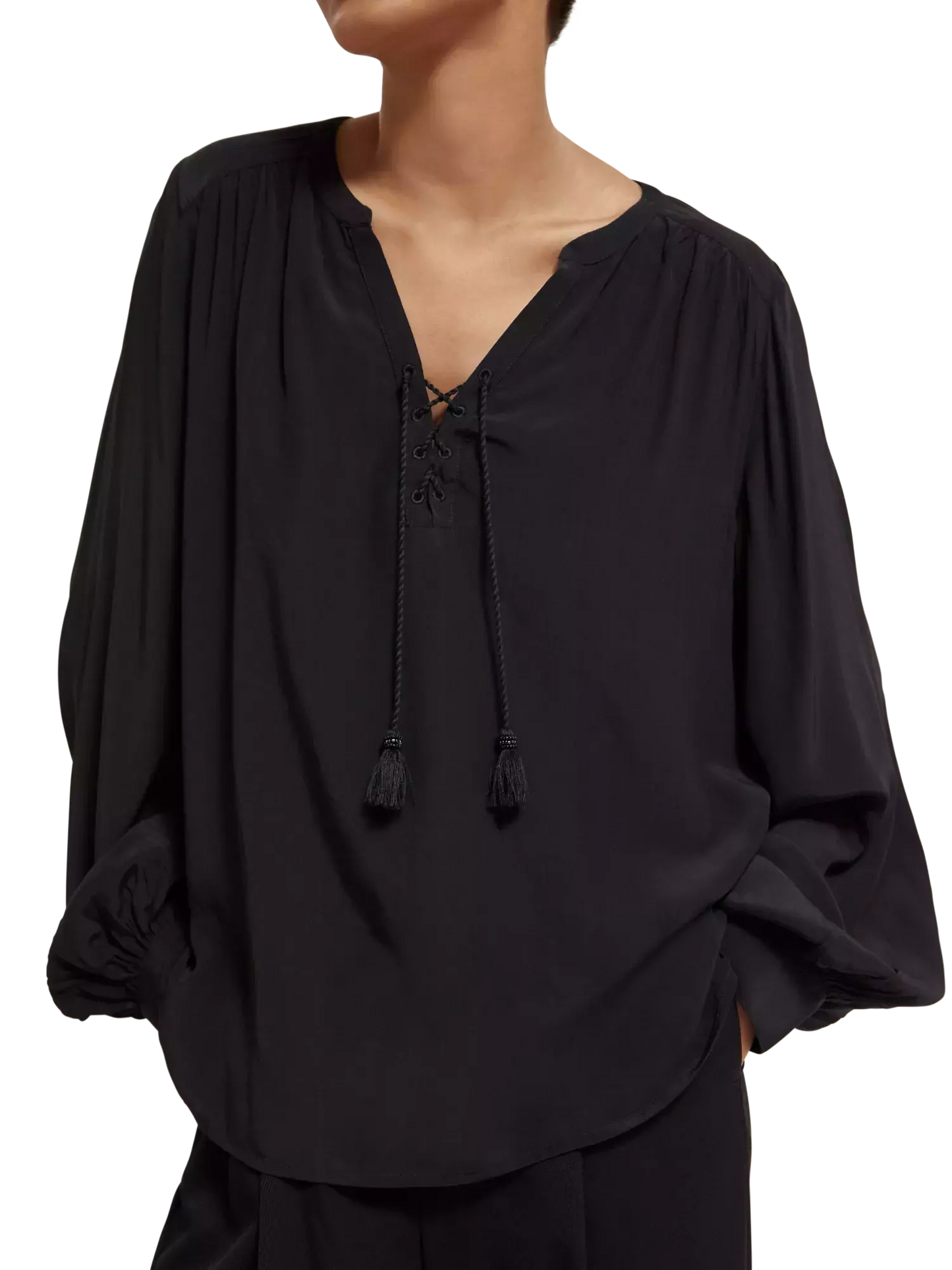 Lace Up Top With Balloon Sleeves (7980187746512)