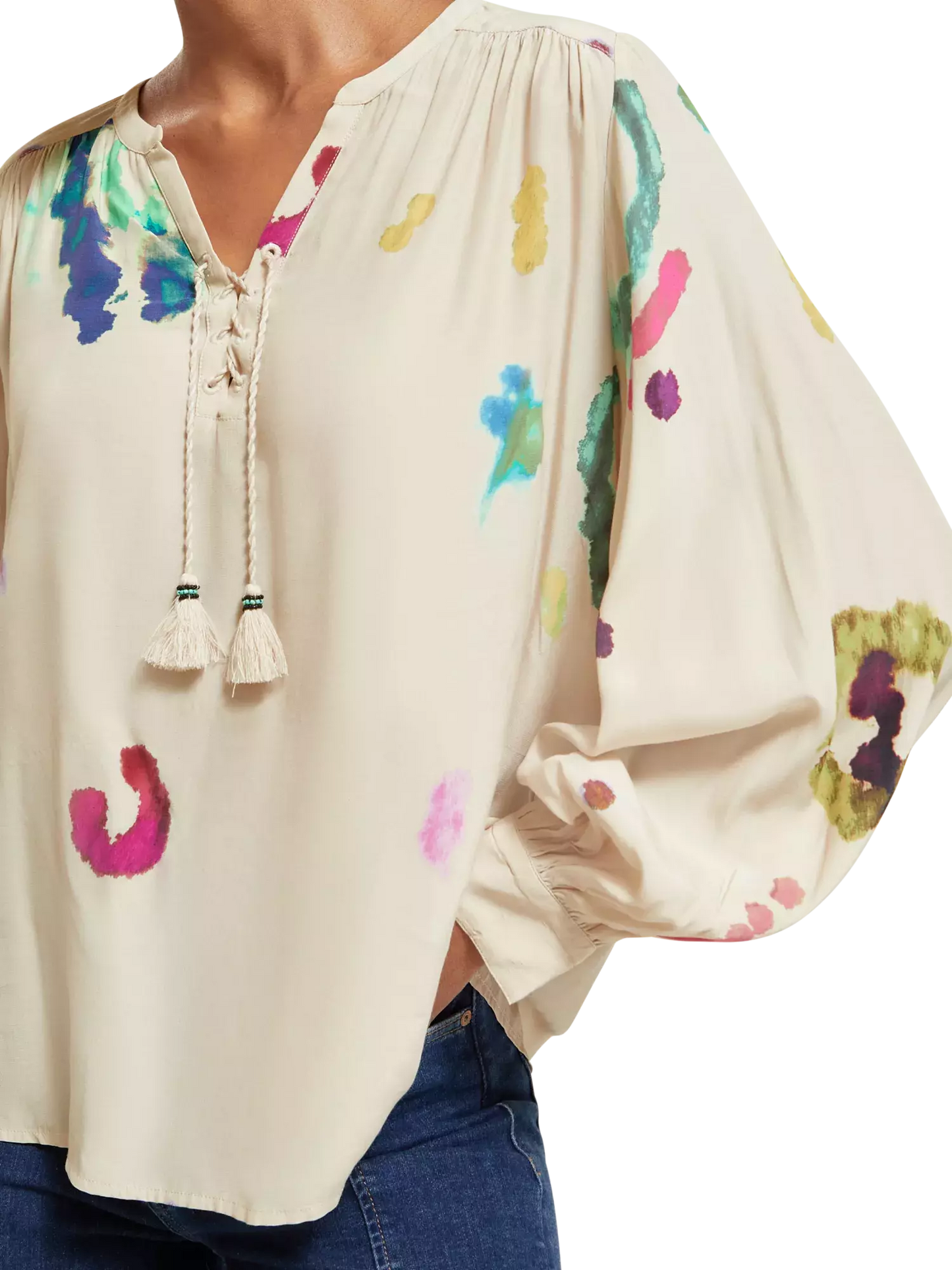Lace Up Top With Balloon Sleeves (7980187746512)