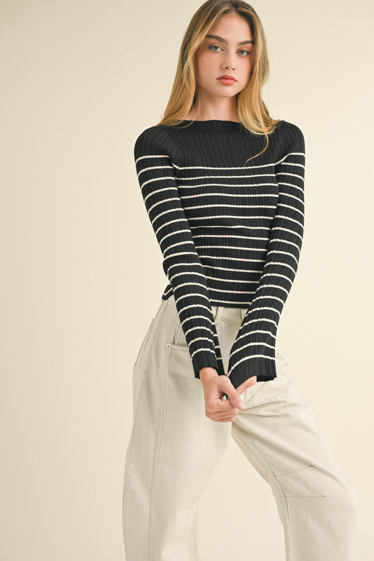 Long Sleeve Stripe Pattern Ribbed Knitted Top (8122691748048)