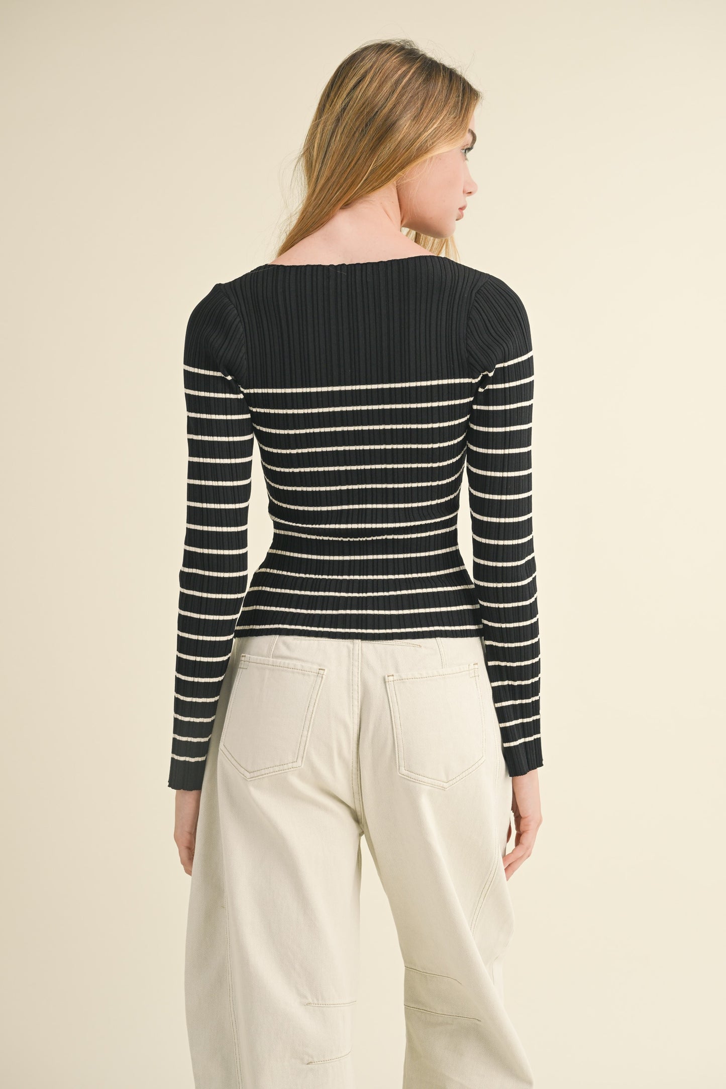 Long Sleeve Stripe Pattern Ribbed Knitted Top (8122691748048)