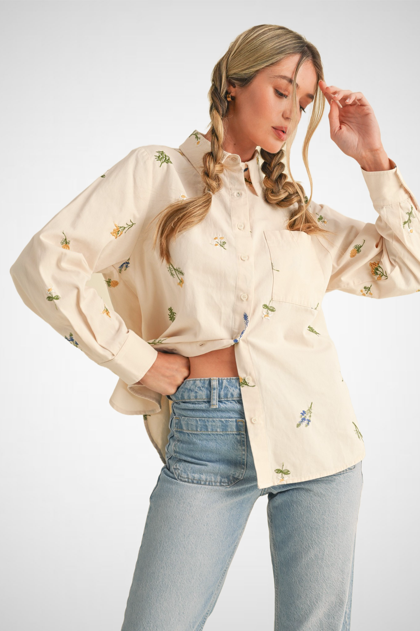Floral Embroidery Button Down Top (8232184840400)