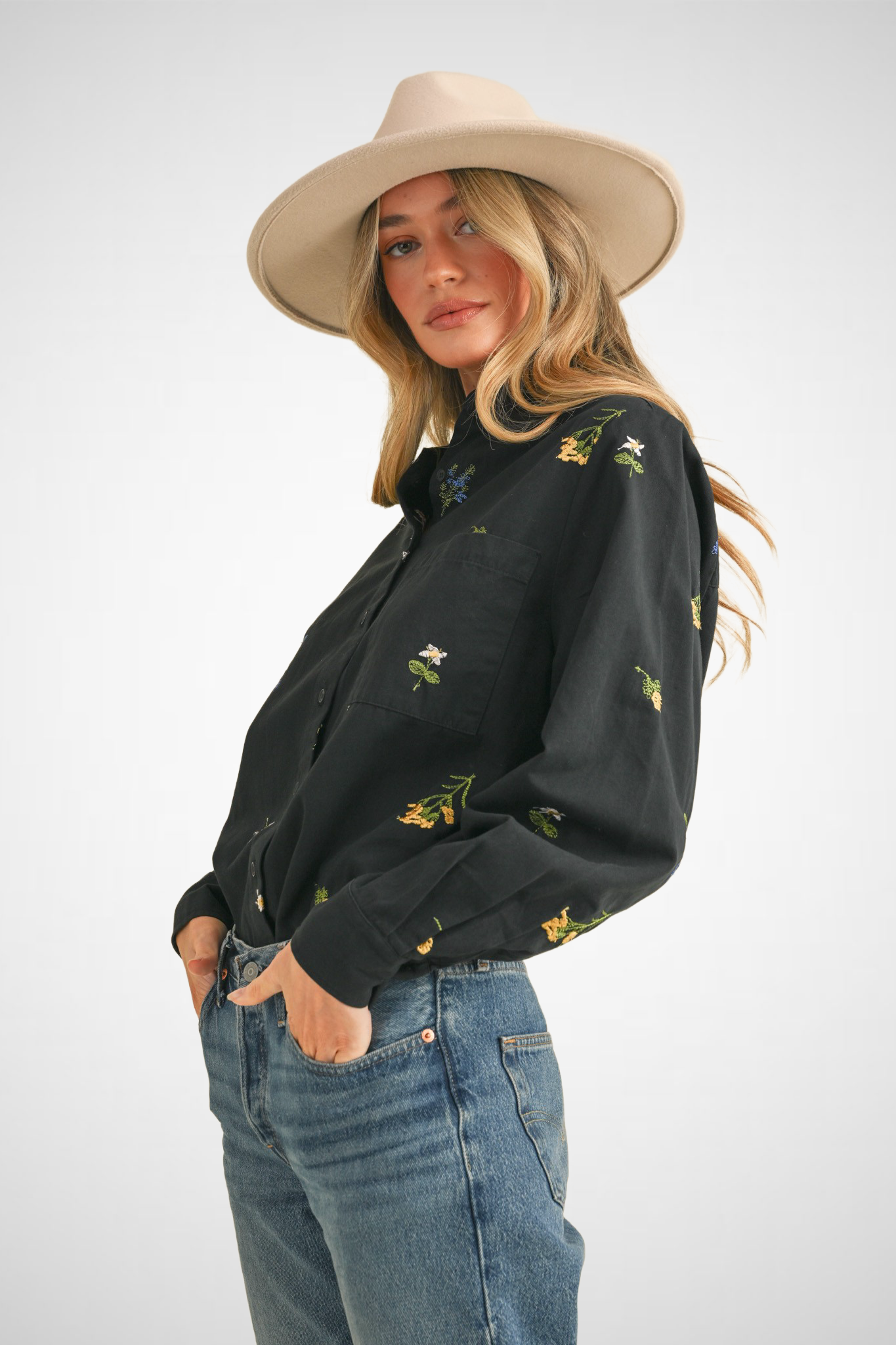 Floral Embroidery Button Down Top (8232184840400)