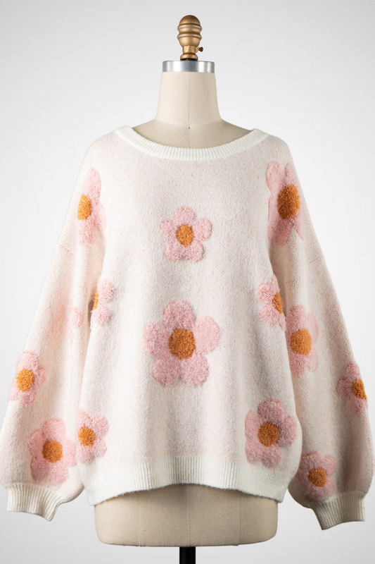 Fuzzy Textured Daisy Flower Spring Sweater (8260682678480)