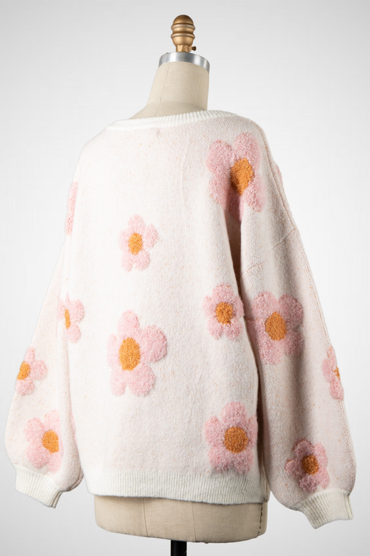 Fuzzy Textured Daisy Flower Spring Sweater (8260682678480)