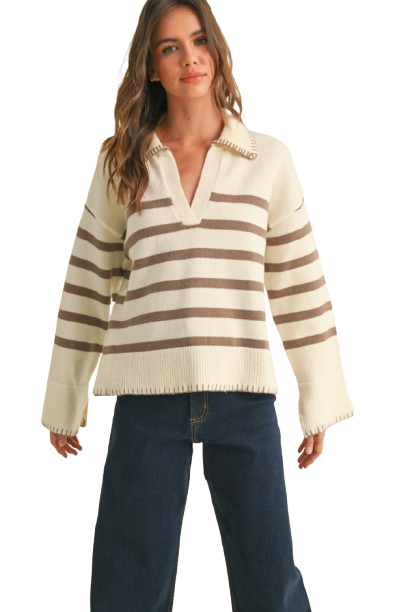 Stripe With Detailed On Edge Sweater Top (8160640073936)