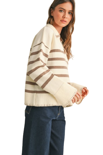 Stripe With Detailed On Edge Sweater Top (8160640073936)