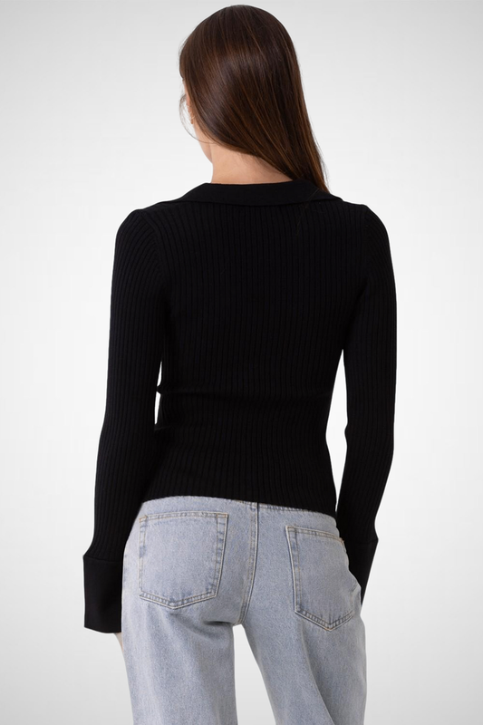 Knitted V-Neck Collared Button Down Top (8261478187216)