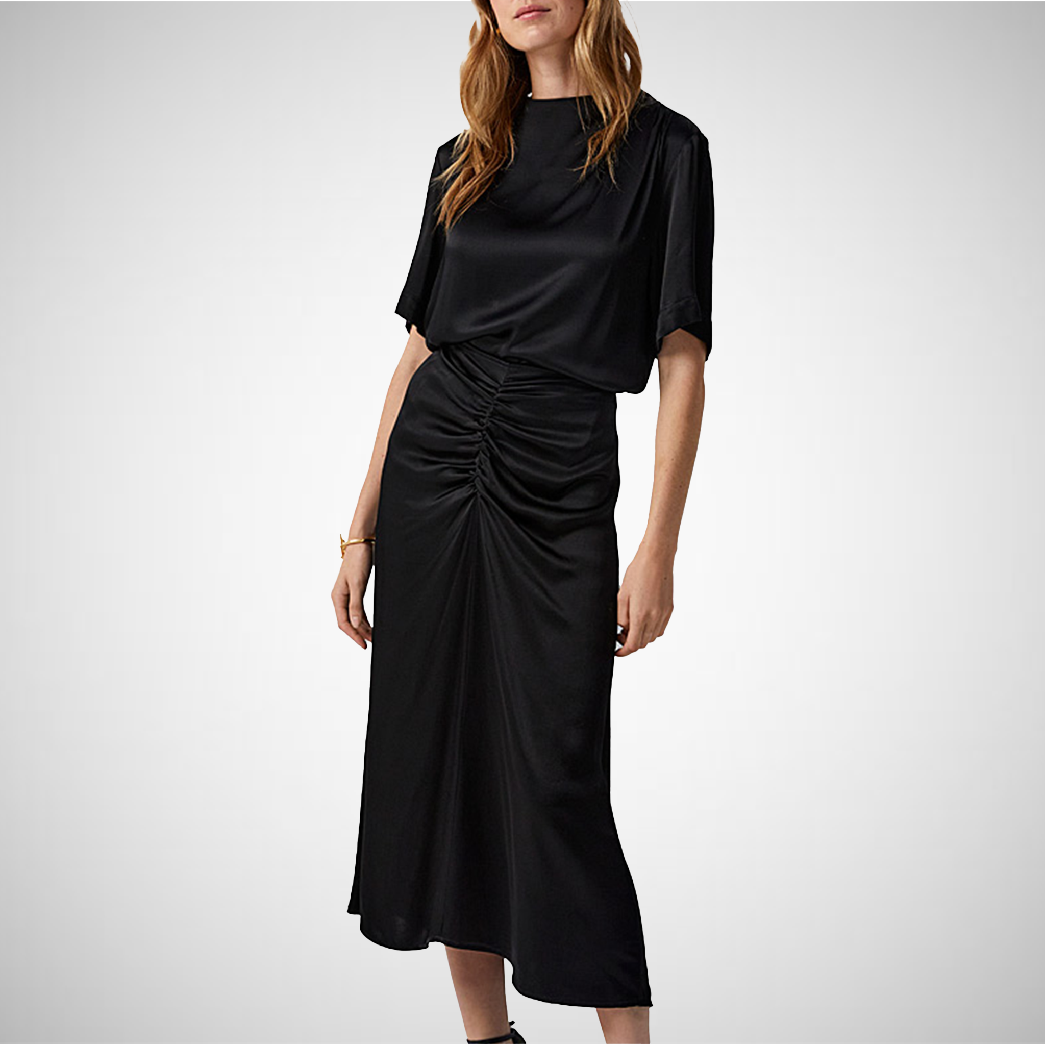 Black satin ruched skirt 2025