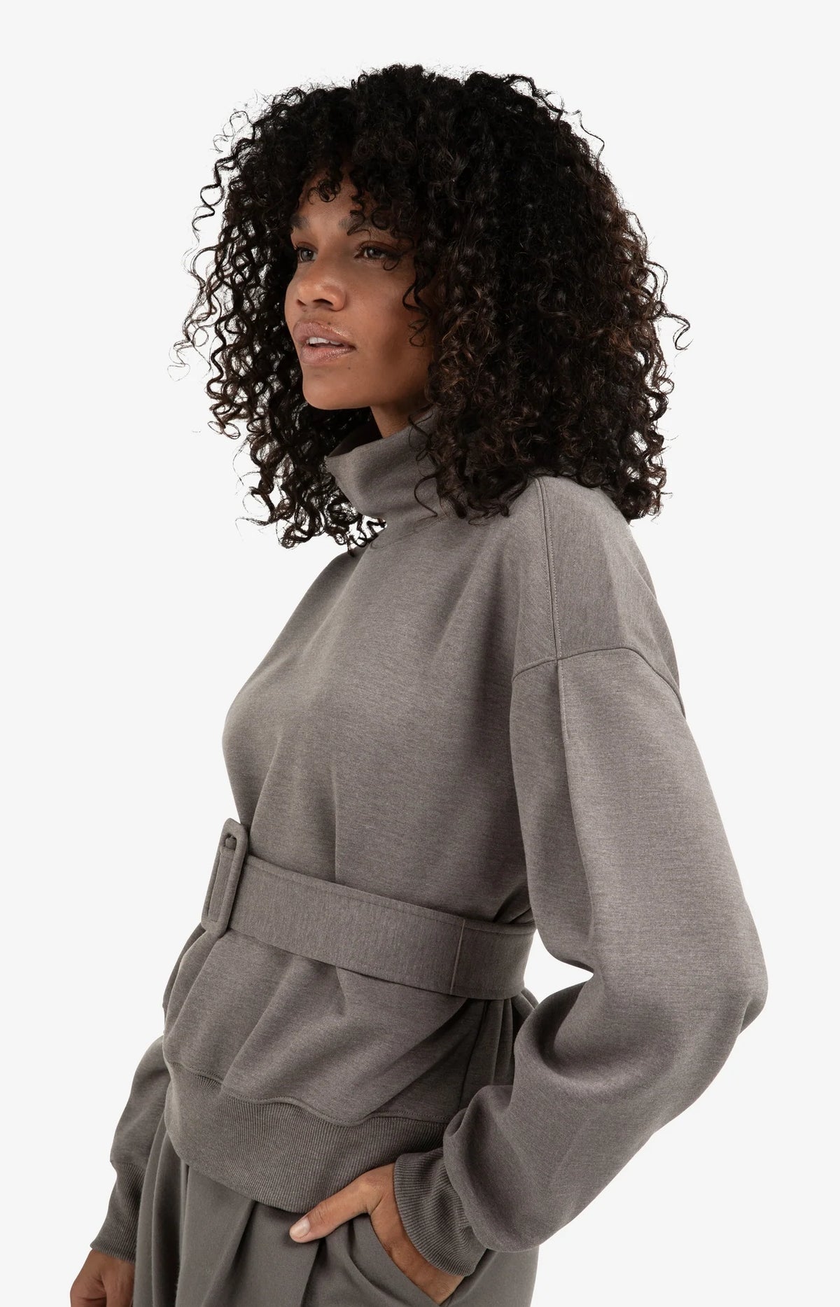 High Neck Sweatshirt With Belt & Pleated Sleeves
