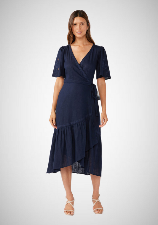 Cutout Embroidered Short Sleeve Midi Wrap Dress (8261796102352)