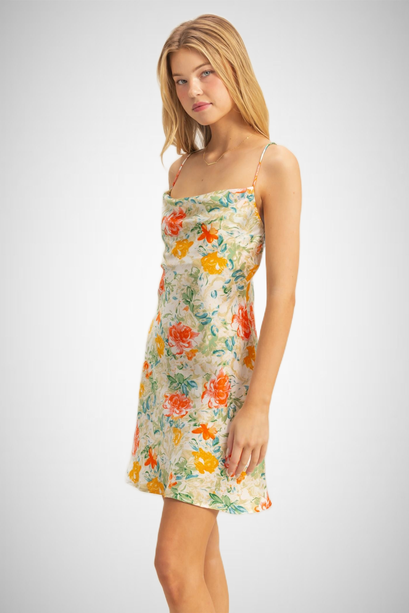 Floral Cowl Neck Flirty Satin Mini Dress (8268850594000)