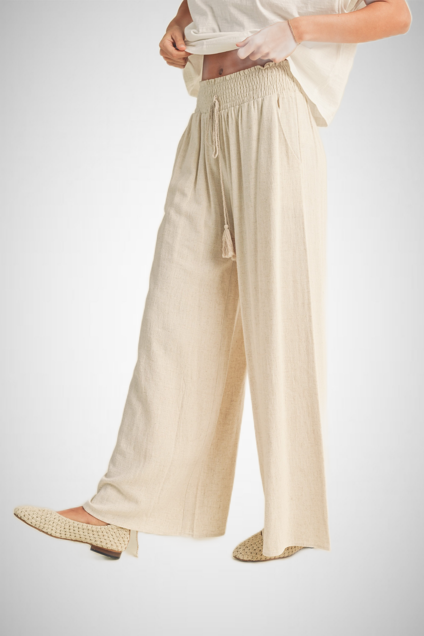 Cotton Linen Smocked Waist Pants With Tassel (8258931982544)