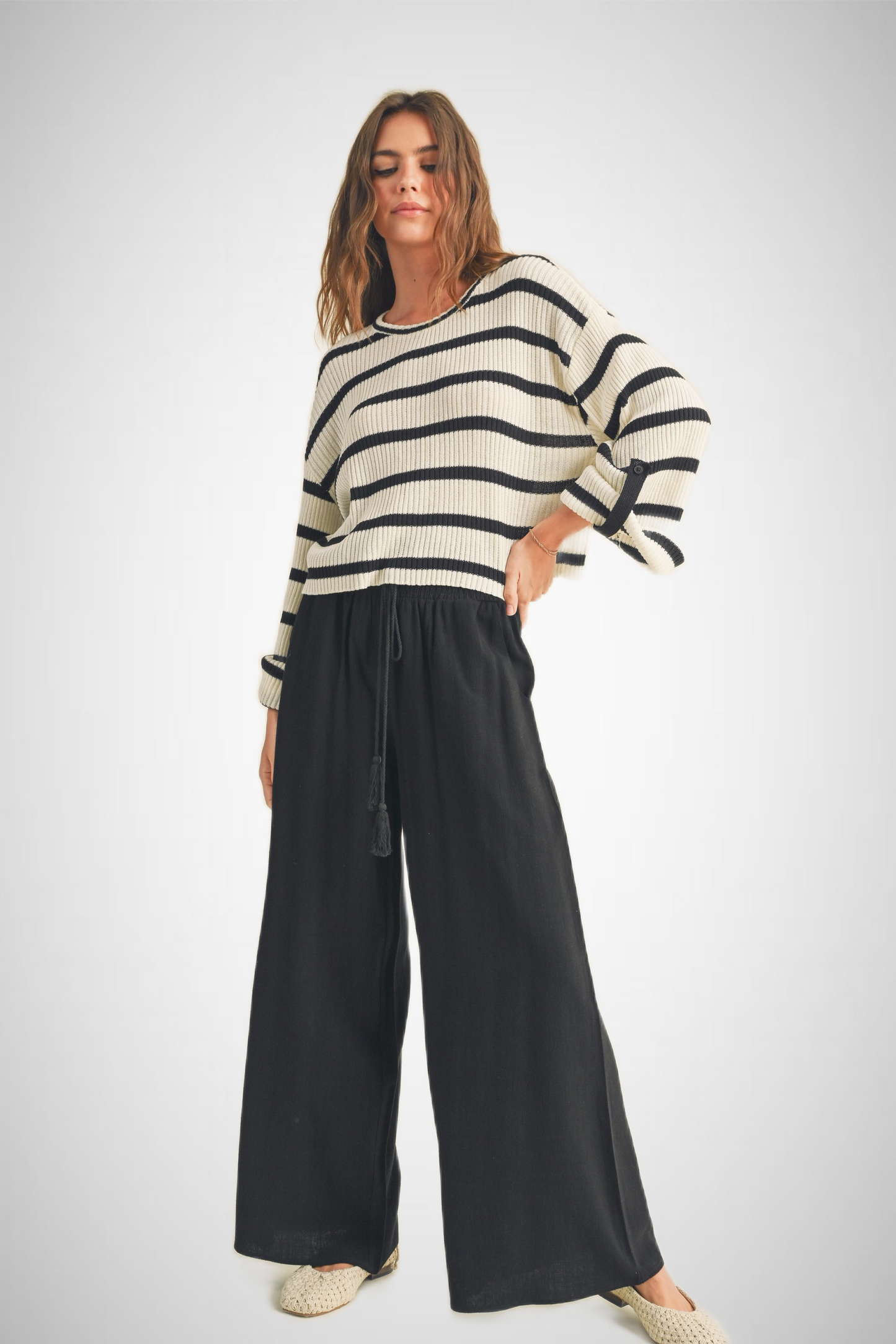 Cotton Linen Smocked Waist Pants With Tassel (8258931982544)