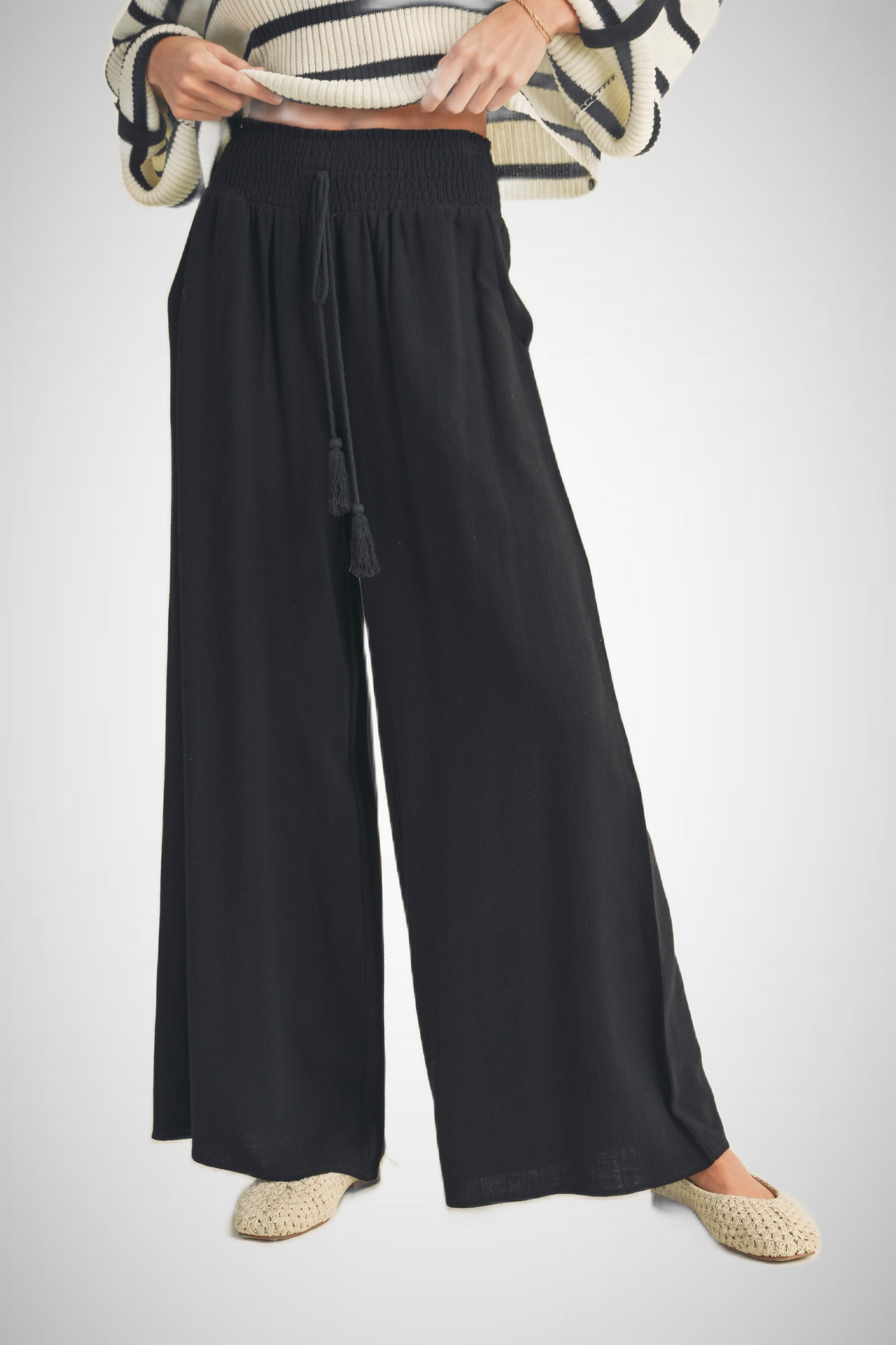 Cotton Linen Smocked Waist Pants With Tassel (8258931982544)