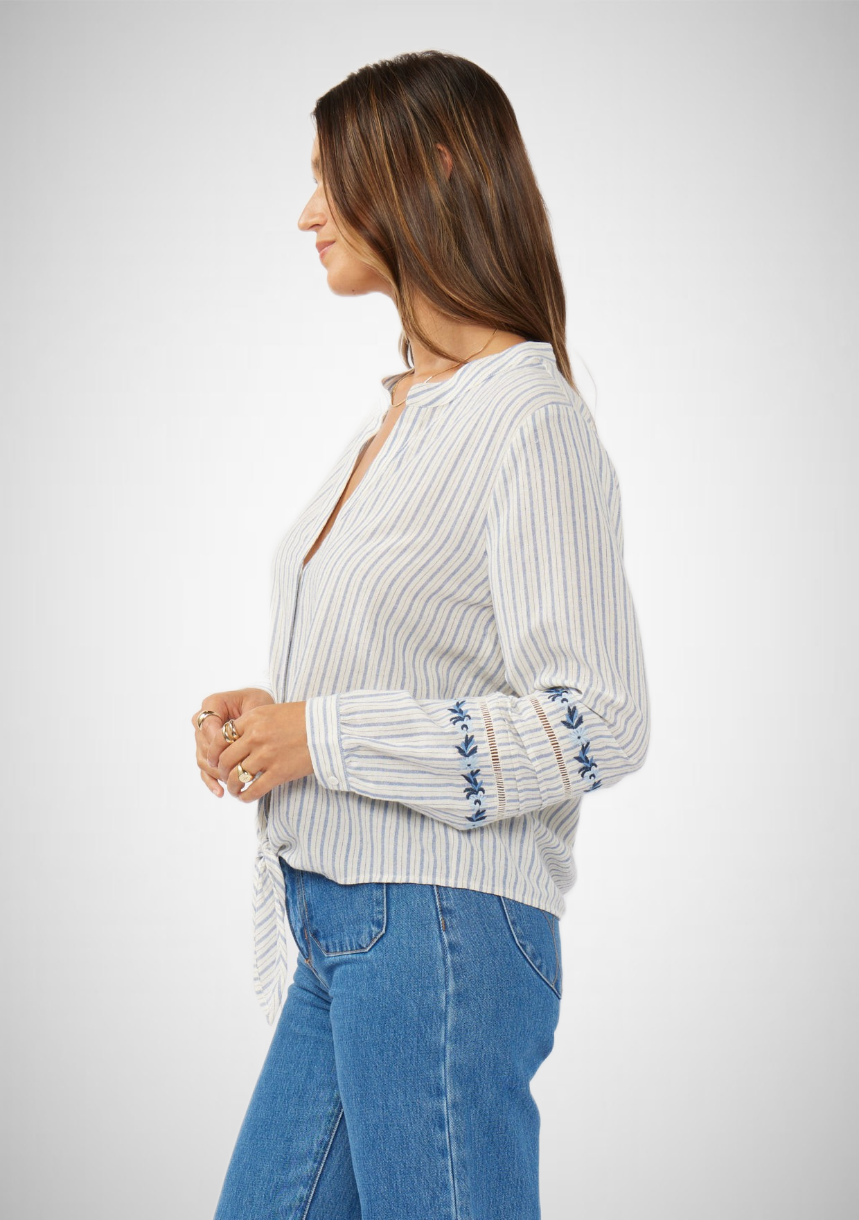 Embroidered Stripe Hidden Button Tie-Front Blouse (8261795971280)