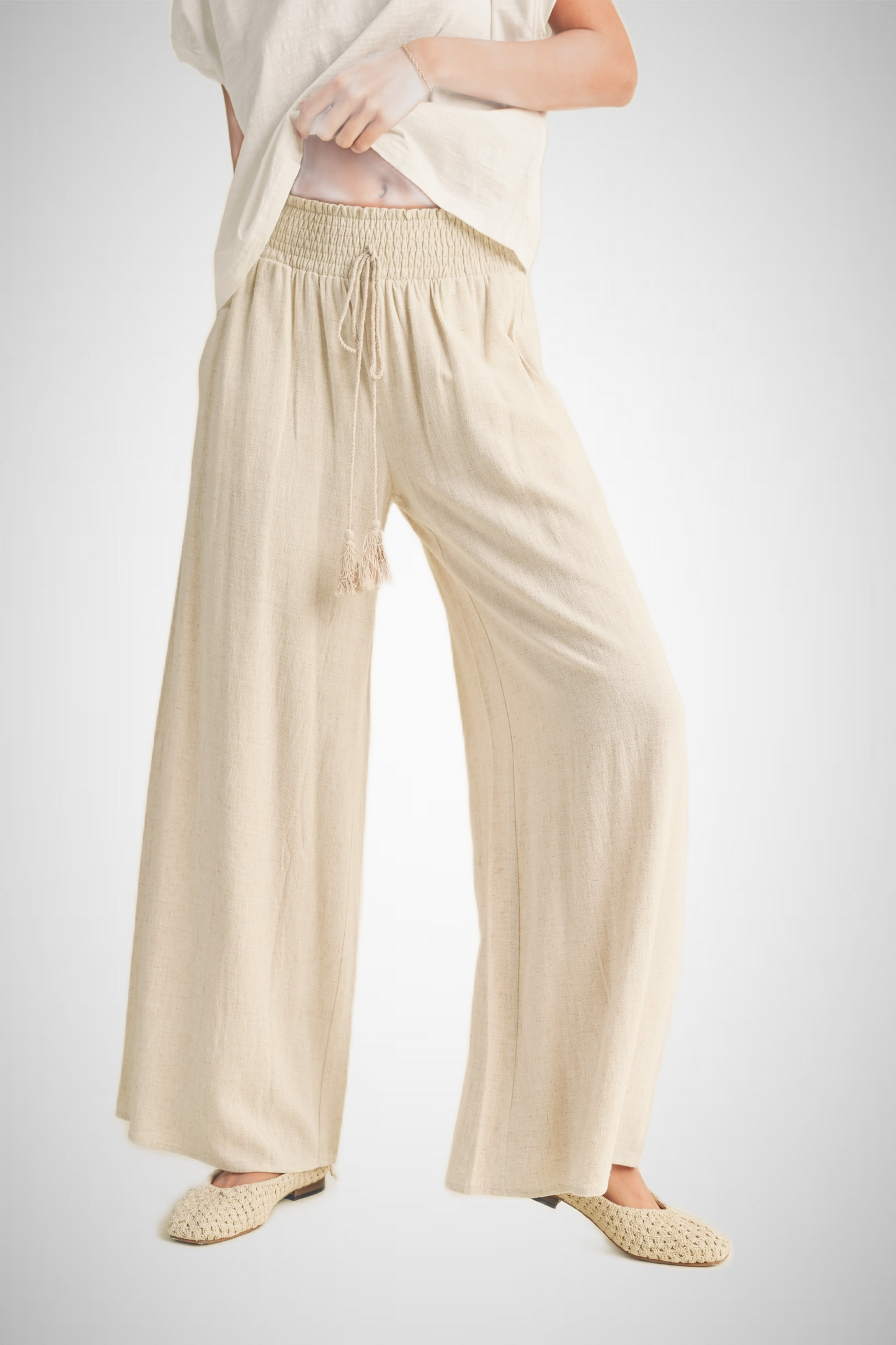 Cotton Linen Smocked Waist Pants With Tassel (8258931982544)