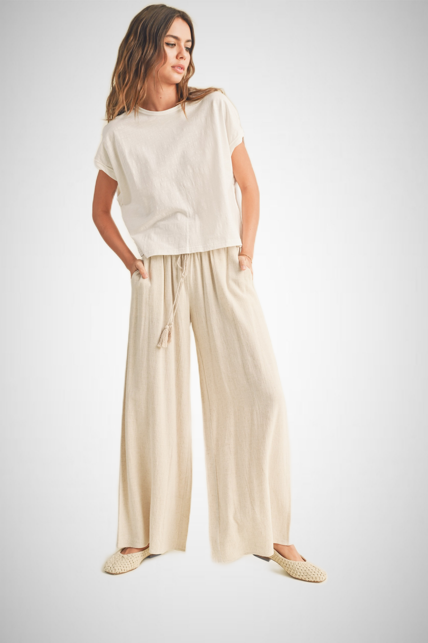 Cotton Linen Smocked Waist Pants With Tassel (8258931982544)