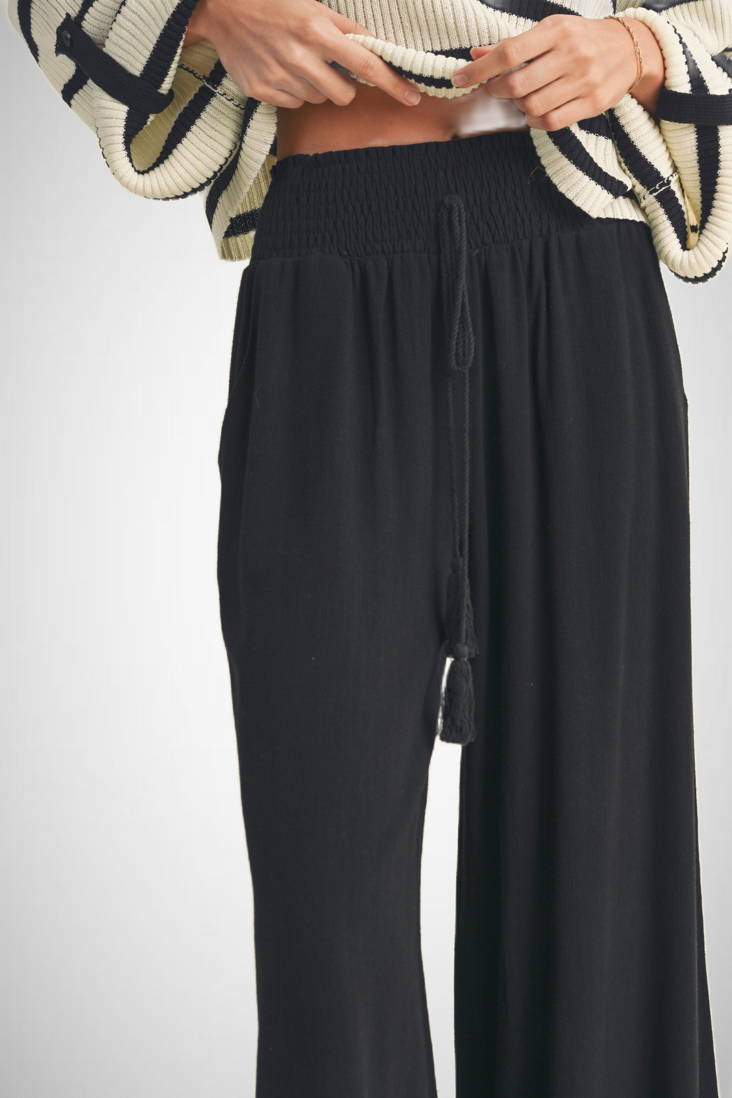 Cotton Linen Smocked Waist Pants With Tassel (8258931982544)
