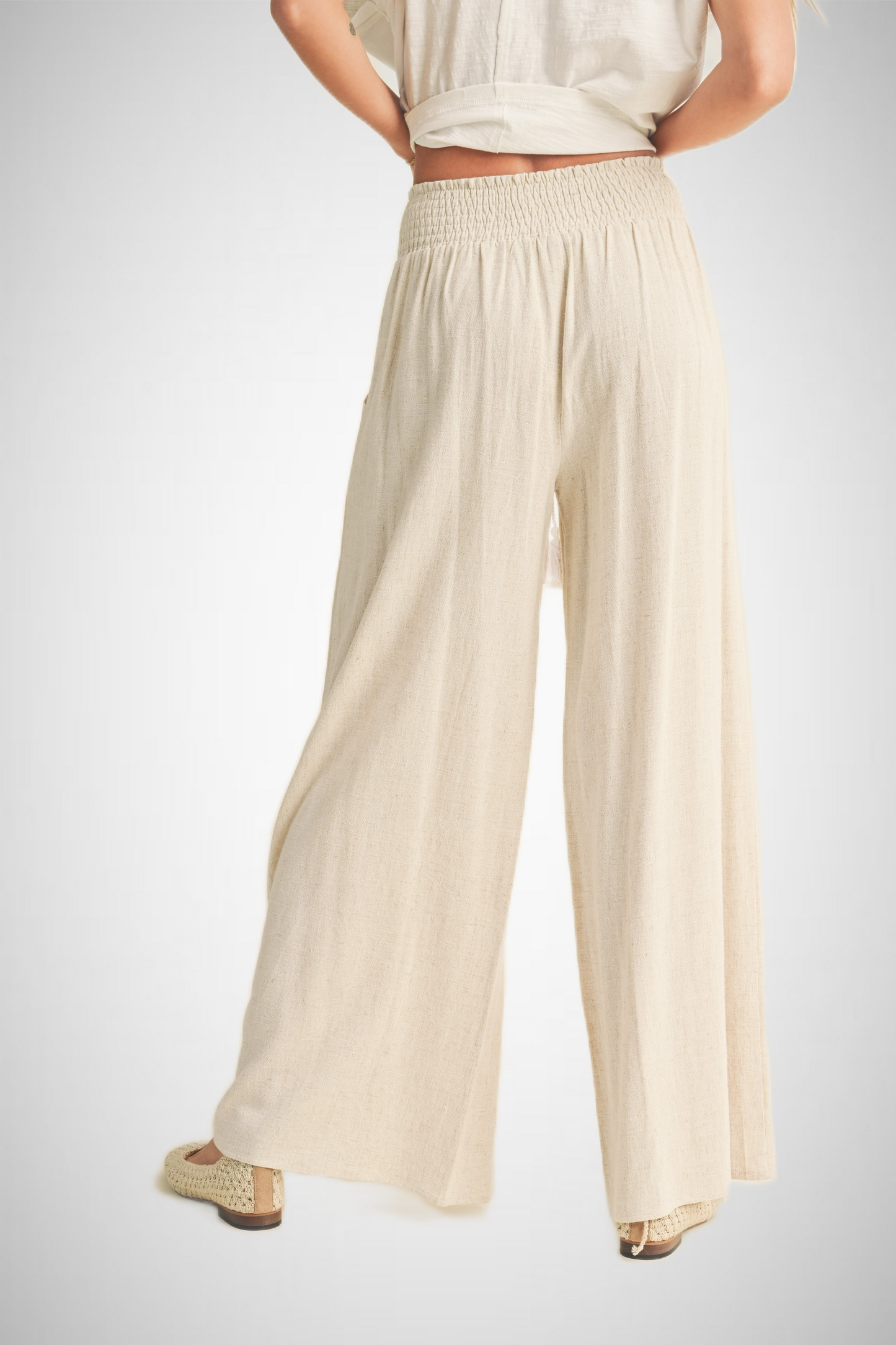 Cotton Linen Smocked Waist Pants With Tassel (8258931982544)