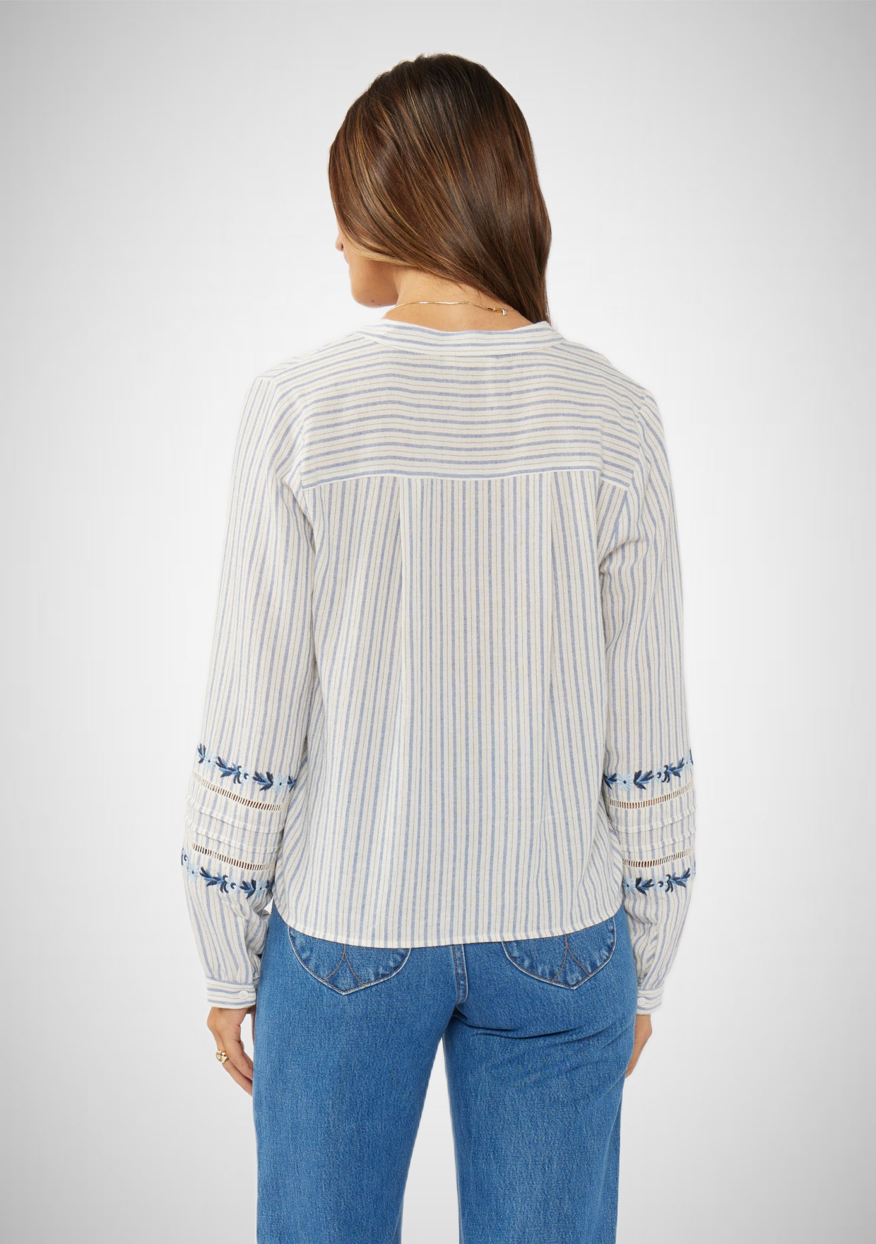 Embroidered Stripe Hidden Button Tie-Front Blouse (8261795971280)