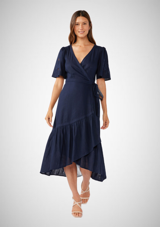 Cutout Embroidered Short Sleeve Midi Wrap Dress (8261796102352)