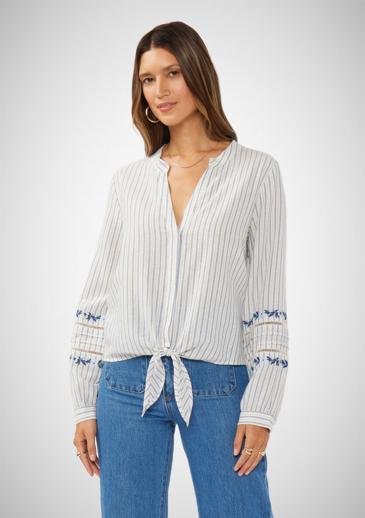 Embroidered Stripe Hidden Button Tie-Front Blouse (8261795971280)