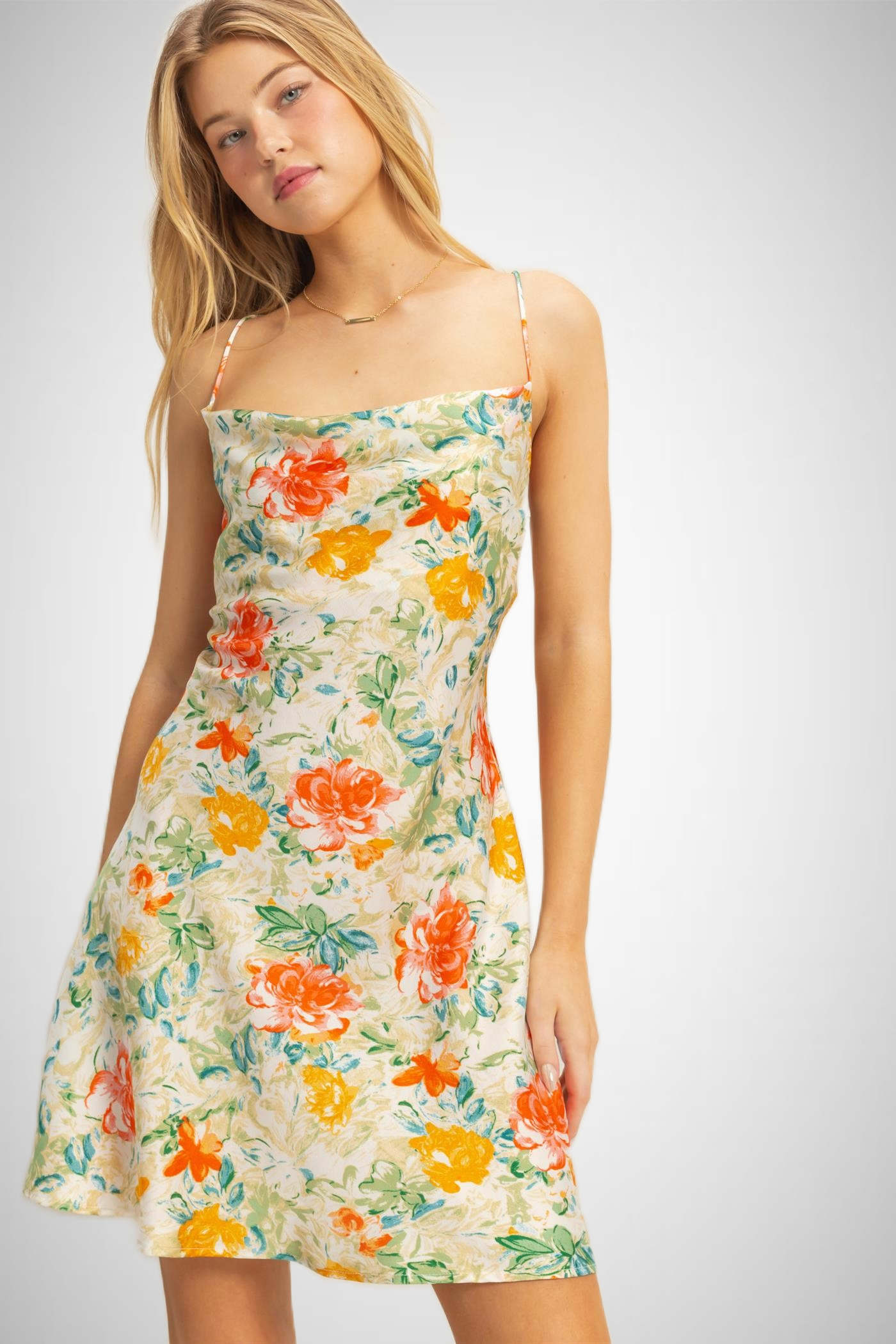 Floral Cowl Neck Flirty Satin Mini Dress (8268850594000)