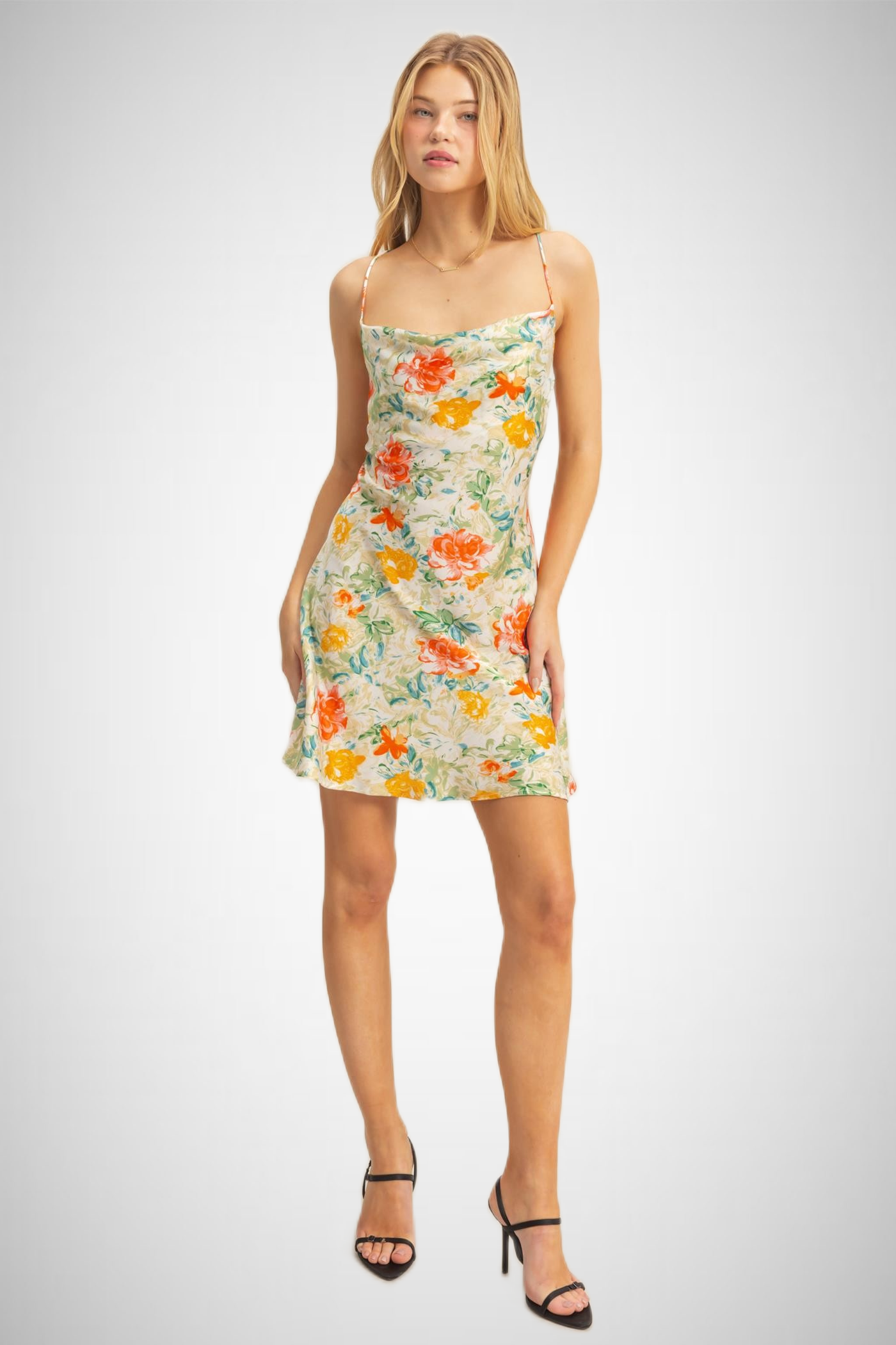 Floral Cowl Neck Flirty Satin Mini Dress (8268850594000)