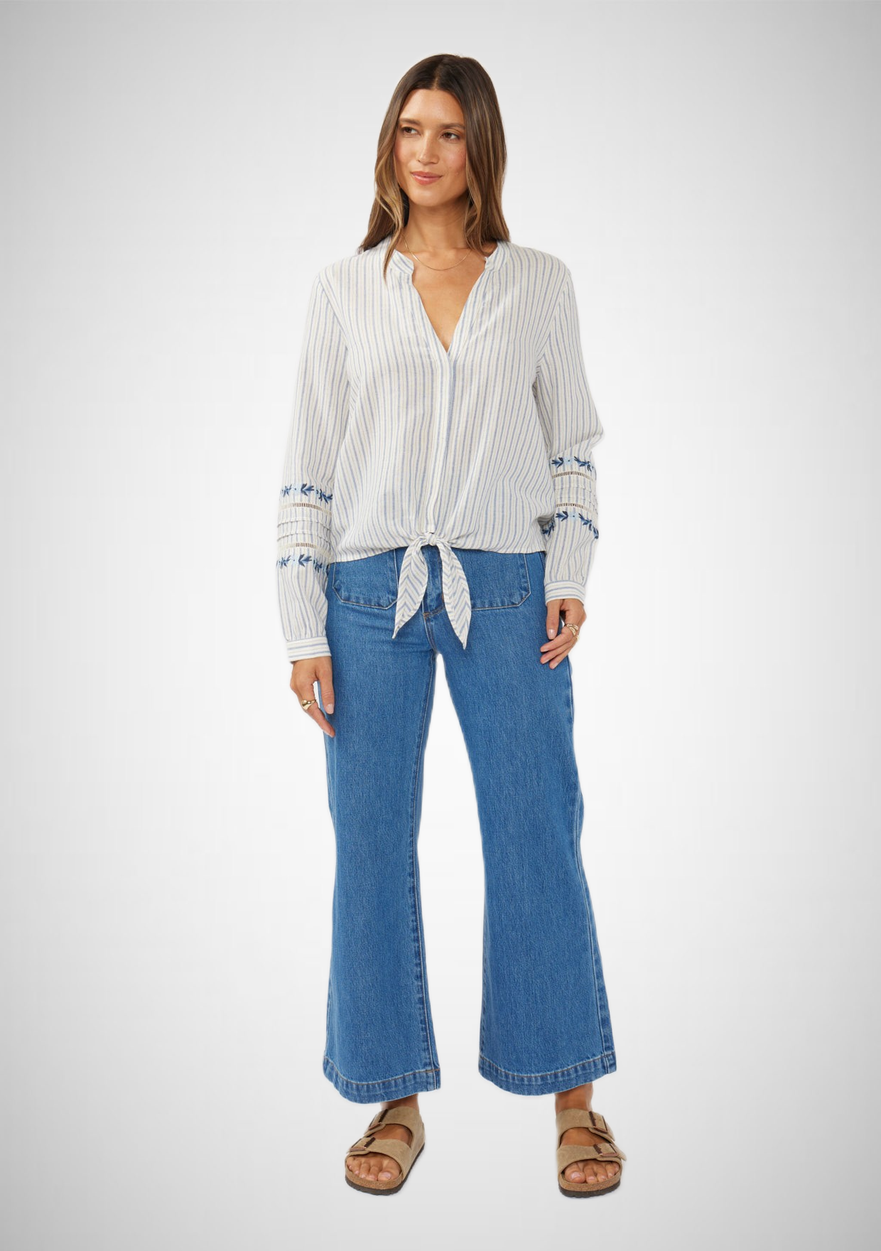 Embroidered Stripe Hidden Button Tie-Front Blouse (8261795971280)