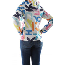 Load image into Gallery viewer, Model wearing a colourful letter decorated on white base THEIA raincoat from SAVE THE DUCK (7341575438544)
