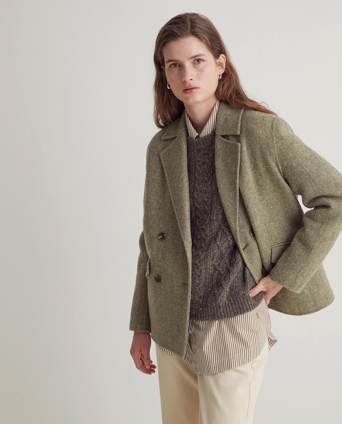 Green wool-blend double-breasted short jacket (8342357410000)