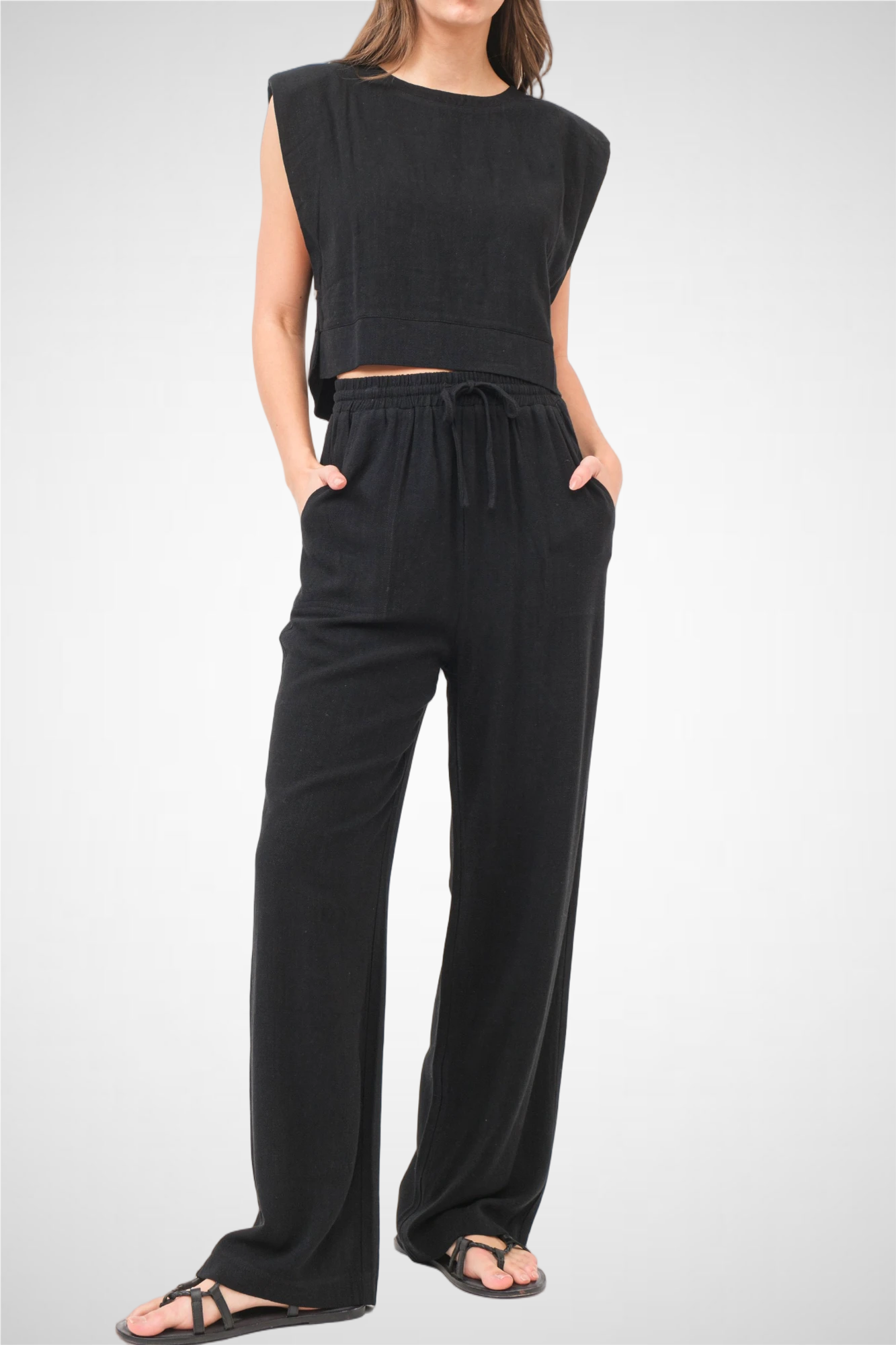 Power Shoulder Top And Pants Set (8260446781648) (8277317943504)