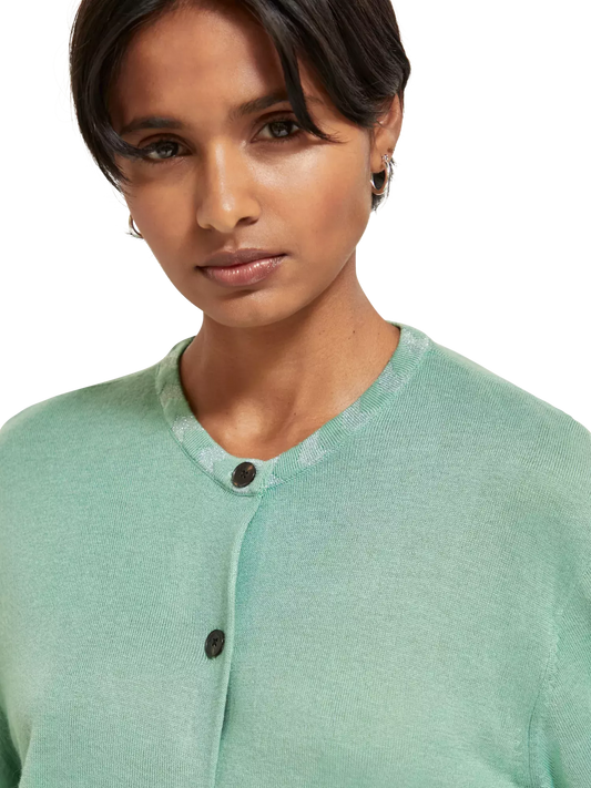 Jacquard Trim Crew Neck Cardigan (7980188795088)