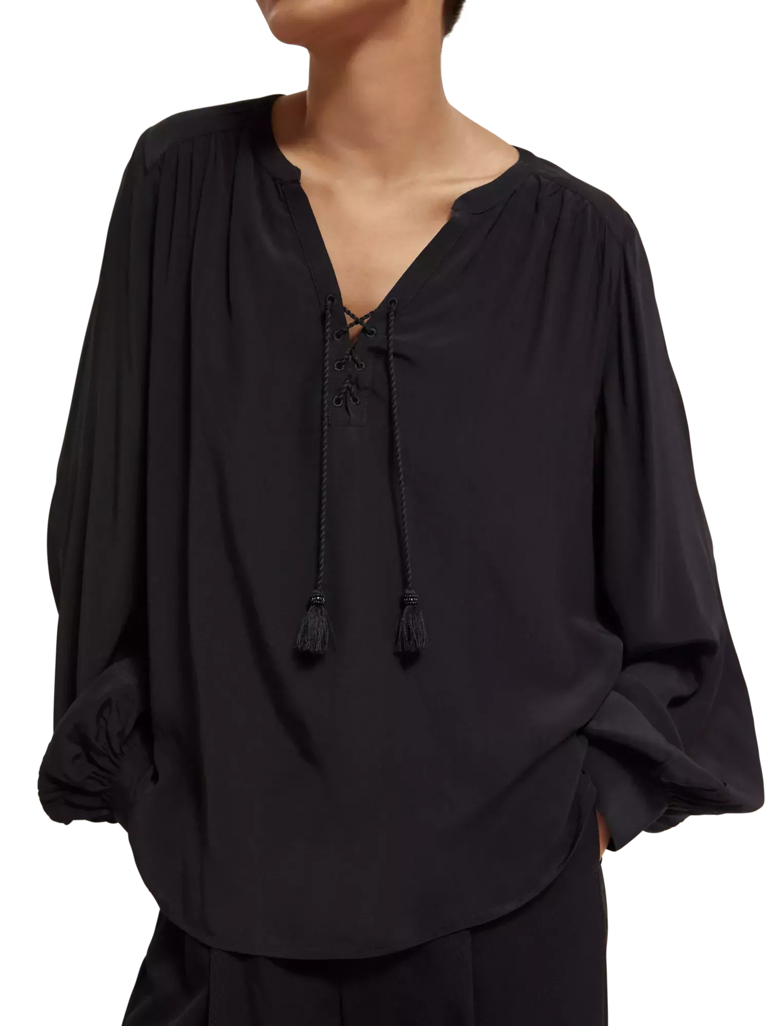 Lace Up Top With Balloon Sleeves (7980187746512)