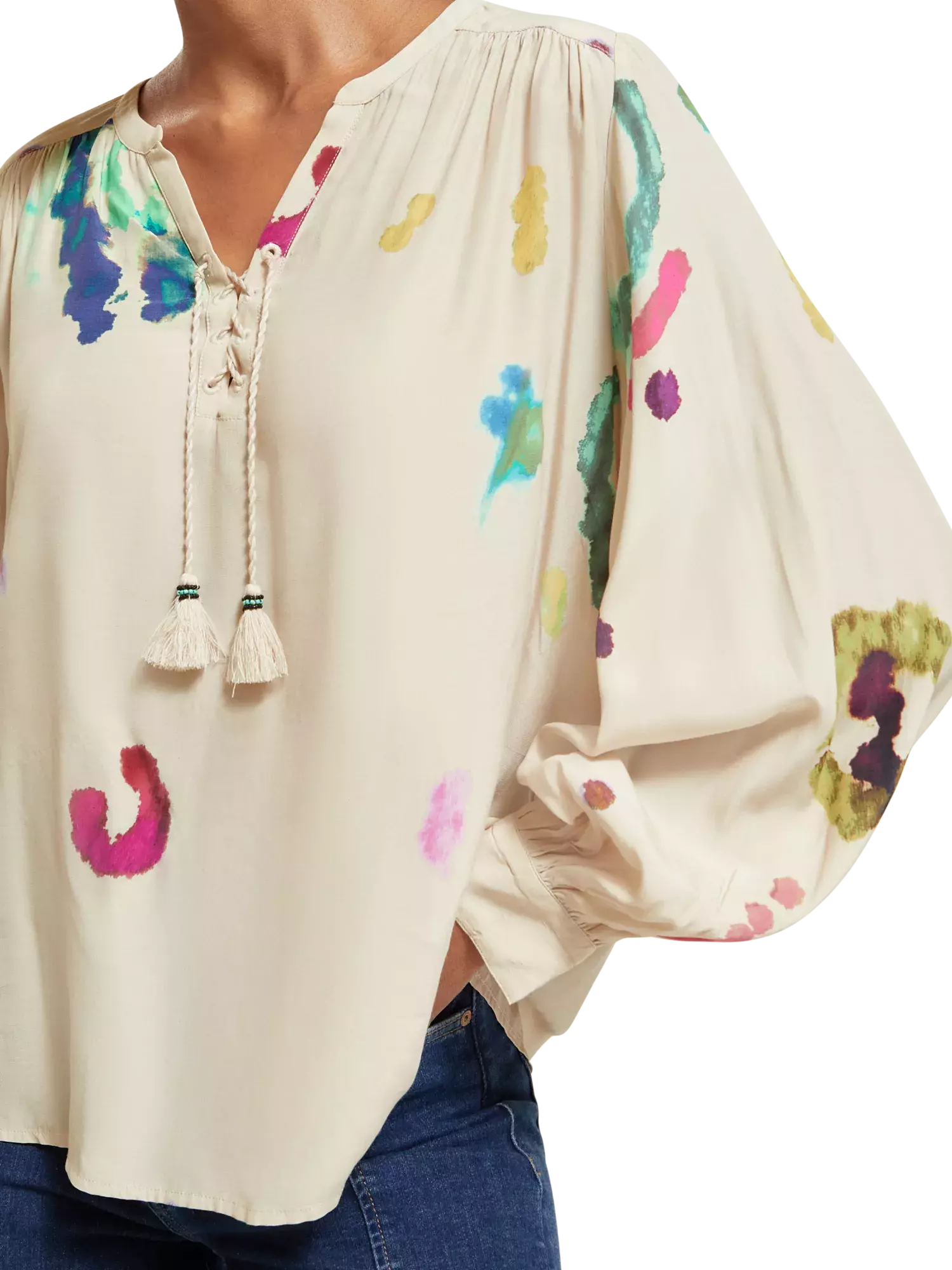 Lace Up Top With Balloon Sleeves (7980187746512)