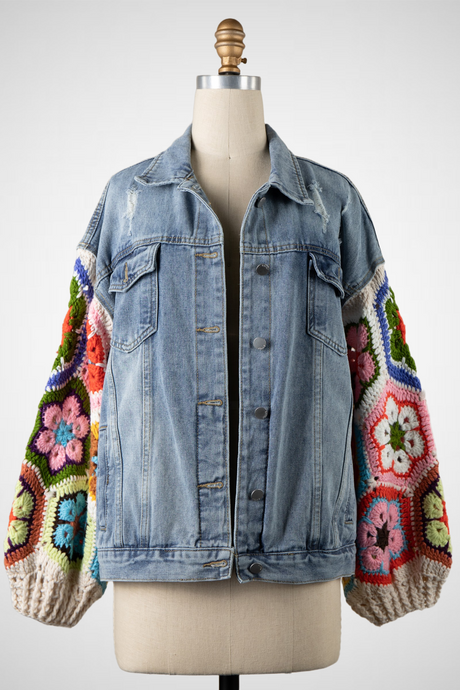 Denim Jacket Flower Granny Square Crochet Sleeves (8260682547408)