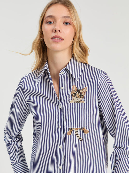 Striped Shirt With Cat Embroidery