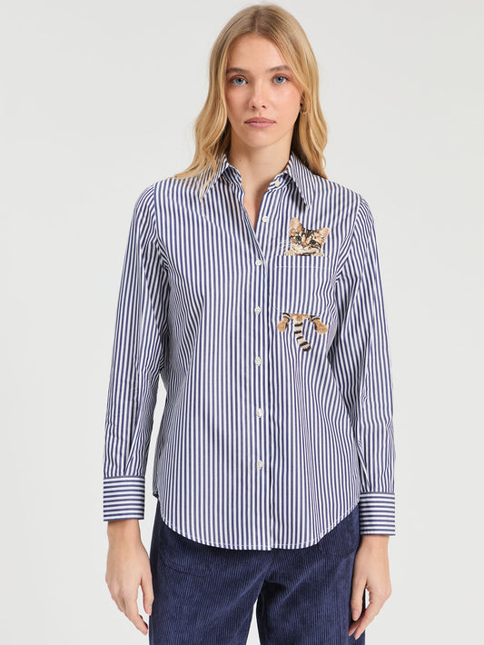 Striped Shirt With Cat Embroidery