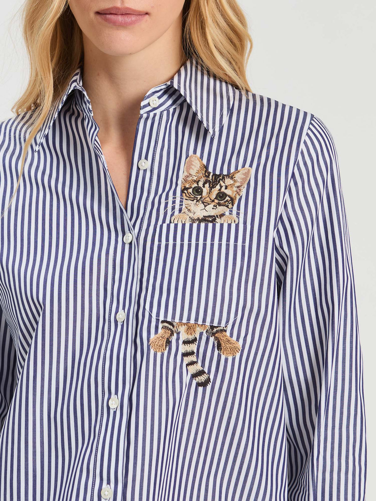 Striped Shirt With Cat Embroidery