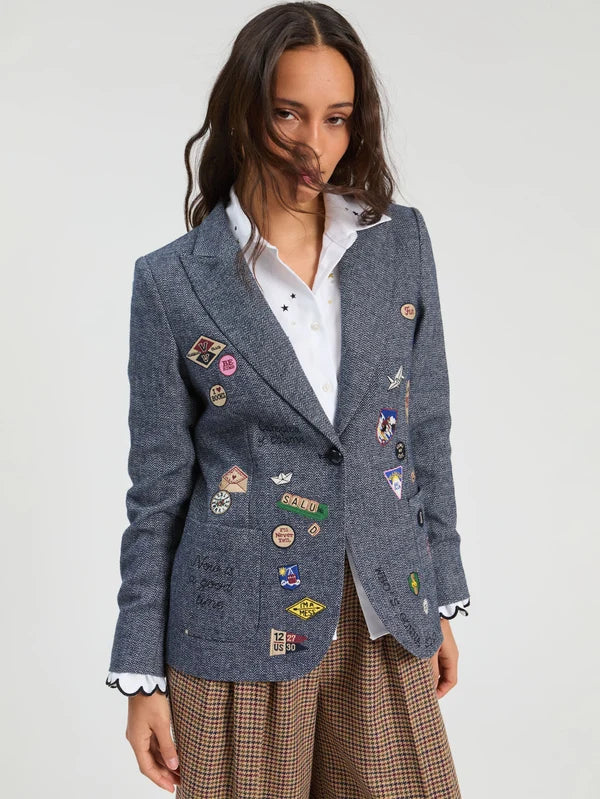 Blue Wool Jacket With Embroidered Badges
