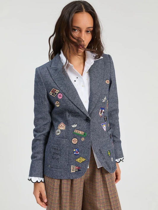 Blue Wool Jacket With Embroidered Badges