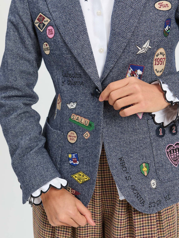Blue Wool Jacket With Embroidered Badges