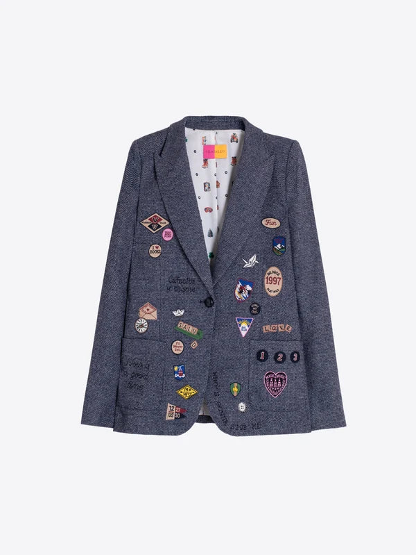 Blue Wool Jacket With Embroidered Badges