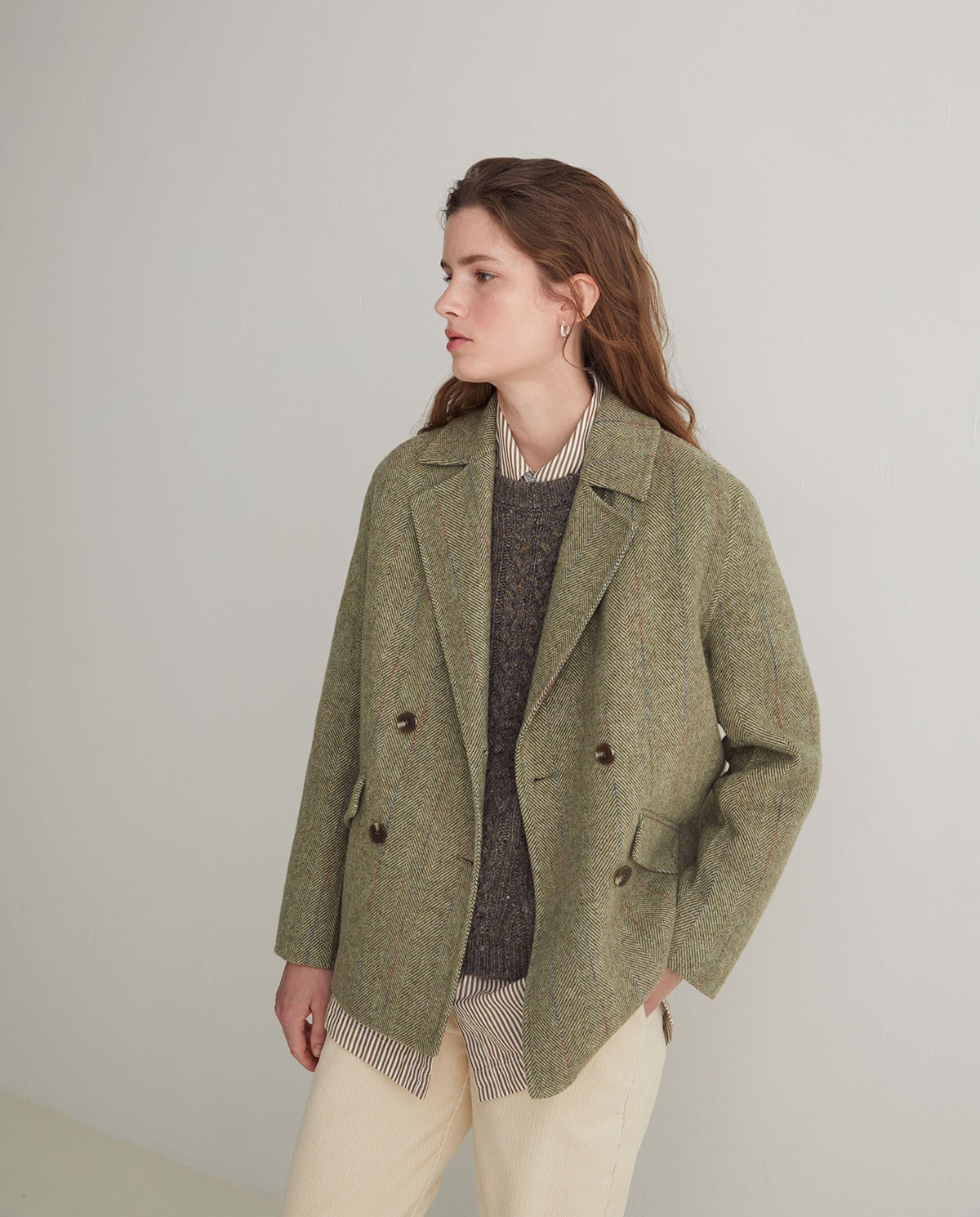 Green wool-blend double-breasted short jacket (8342357410000)