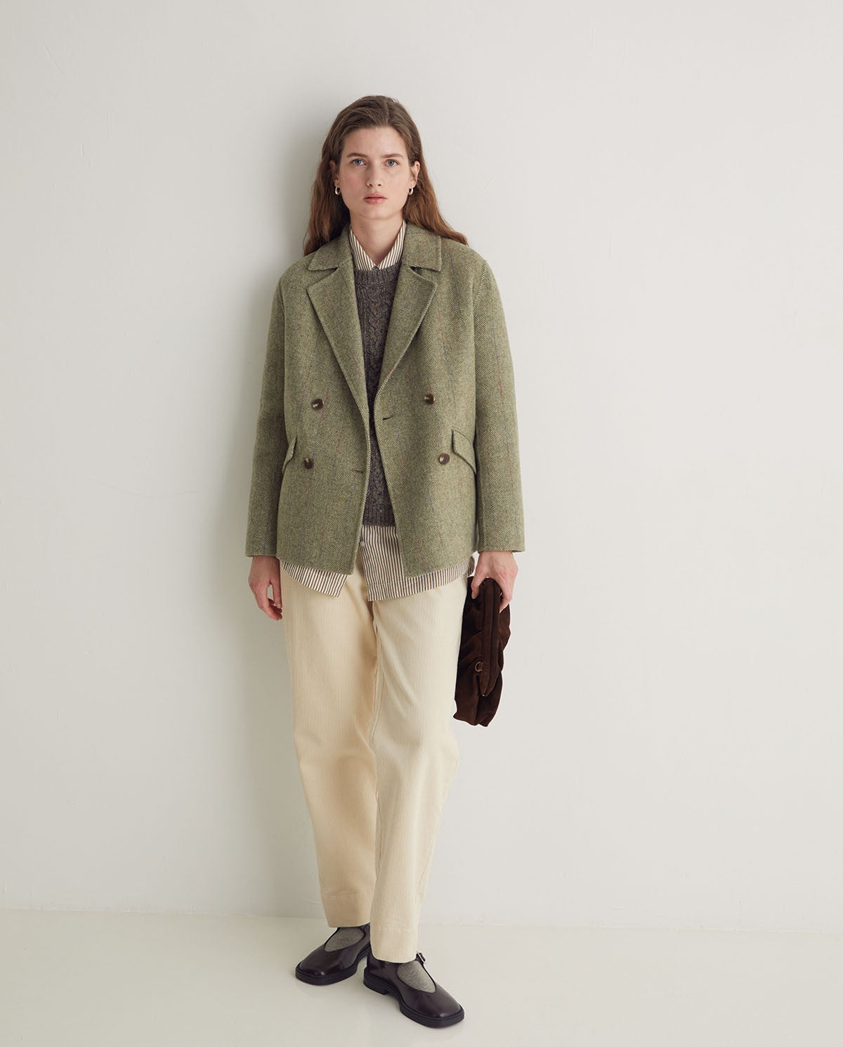 Green wool-blend double-breasted short jacket (8342357410000)