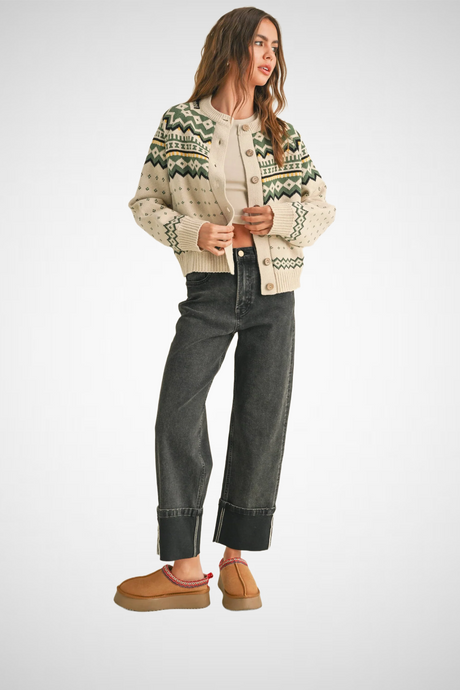Multi Pattern Button Front Sweater Cardigan (8229683167440)